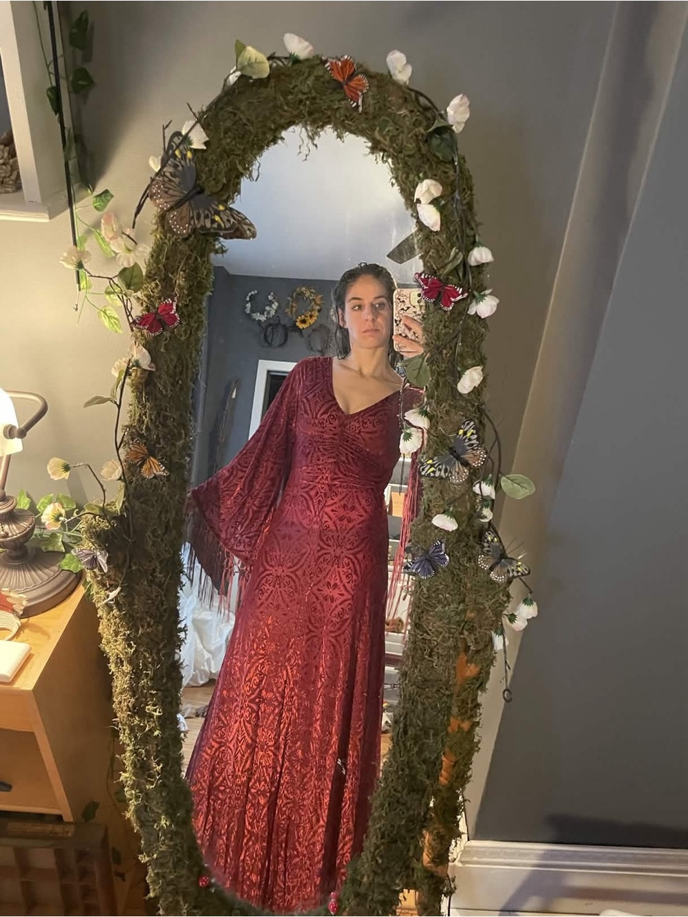 Smak Parlour 1970s Burgundy Velvet Burnout Fringe Sleeve Stevie Maxi Dress XS